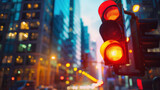 Traffic light in the central area of the business and financial city. Copy space. Blurred background
