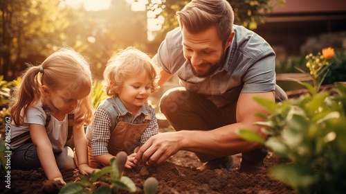 Dad and kids plant vegetables in the garden, enjoying quality time together while nurturing plants and creating memories. 