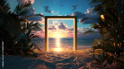 Door to the sea. Illuminated square frame on beach sand and palm avenue
