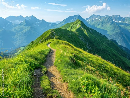Mountain hiking adventure, panoramic view of lush green trails and distant peaks under a clear blue sky