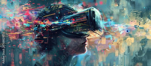 A painting depicting a person wearing a virtual reality headset, immersed in a digital world. The individuals expression is focused and engaged as they interact with the virtual environment. © Emin