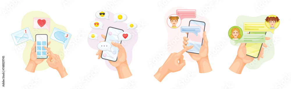 Hand with Smartphone Device Use Chat App Have Social Communication Vector Set - obrazy, fototapety, plakaty 