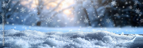 Snow with snowflakes falling on the ground on trees and sunlight blurred background, Winter christmas snow background with snowdrifts, banner 