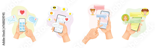 Hand with Smartphone Device Use Chat App Have Social Communication Vector Set