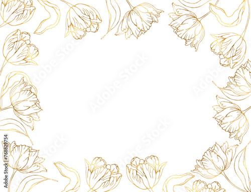 Golden line art tulips spring flower horizontal banner wreath.Vector hand drawn illustration for card or invitations, wedding design, coloring book.