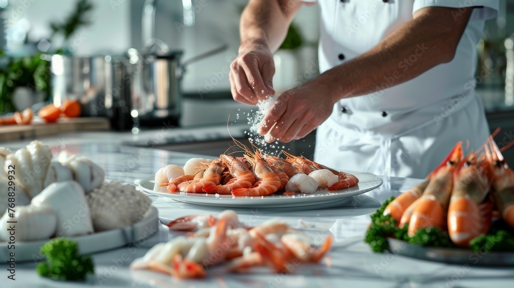 3D rendered image of a kitchen counter scene chefs hands preparing a seafood platter with precision