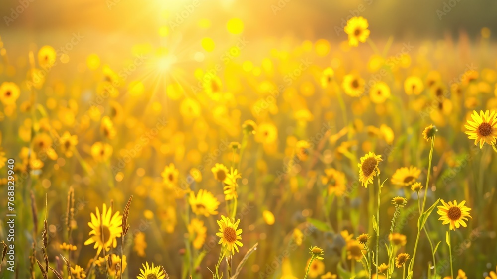 Bright sunlight shining through a field of yellow wildflowers during a clear day