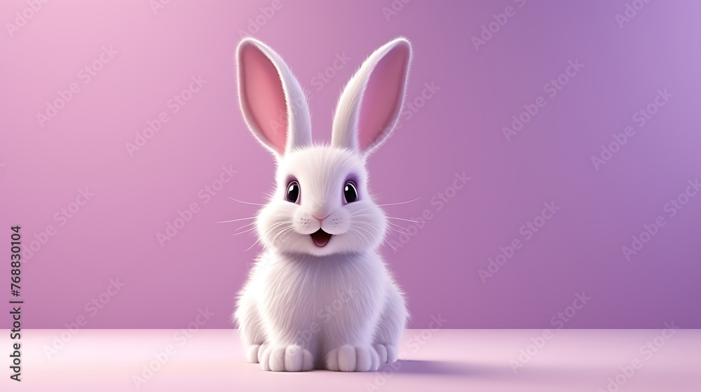 a cute 3d cartoon easter bunny on a light purple background, space for copy
