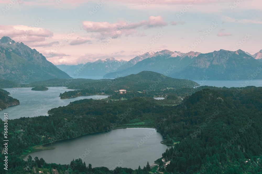 Breathtaking aerial view of dazzling lakes and majestic mountains situated in the Cerro Campanario
