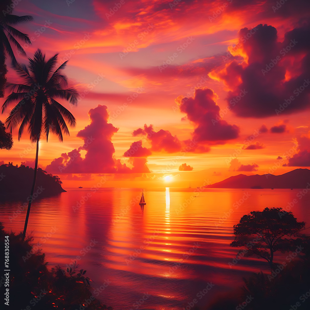 Beautiful sunset with palm trees and birds, colorful sky, digital art style, illustration painting style