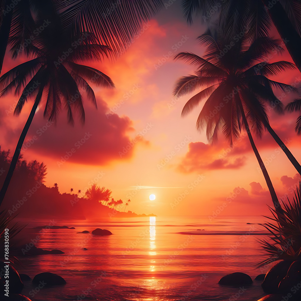 Beautiful sunset with palm trees and birds, colorful sky, digital art style, illustration painting style