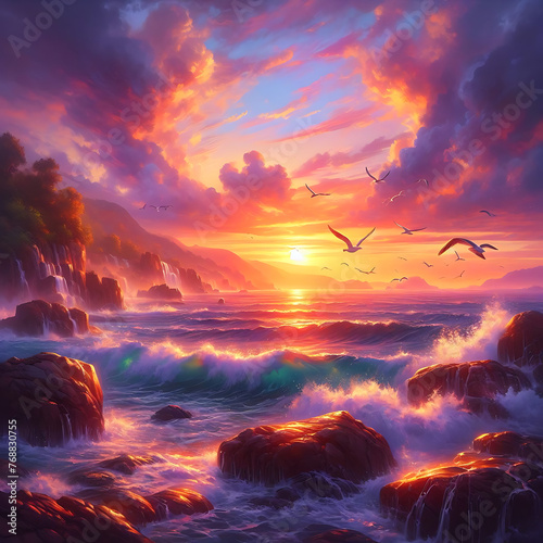 Beautiful sunset with palm trees and birds, colorful sky, digital art style, illustration painting style