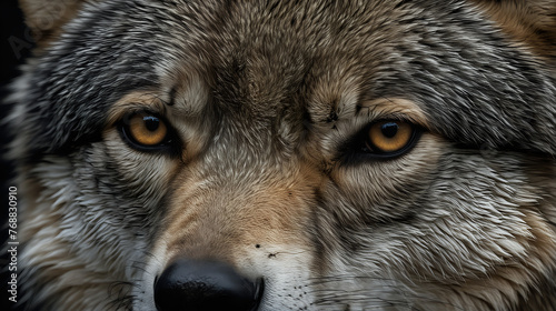 a close-up of a wolf's face, highlighting the intense and captivating golden eyes set against the detailed and richly textured fur