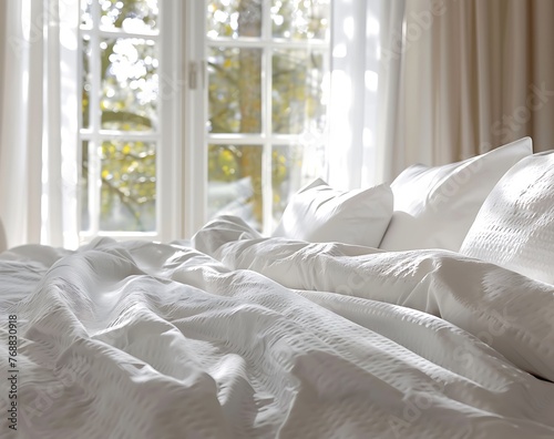 A luxurious bed with white sheets and pillows in an elegant bedroom, with window curtains in the background