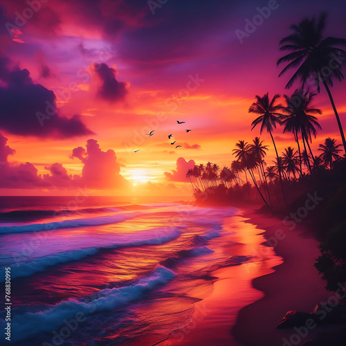 Beautiful sunset with palm trees and birds  colorful sky  digital art style  illustration painting style