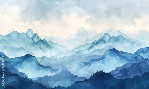 mountains and clouds watercolor painting