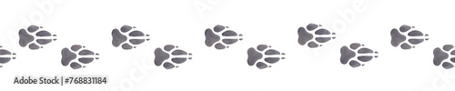 Seamless border animal footprint. Track of wild wolf, fox, dog. Gray paw print. Hand drawn watercolor illustration isolated on white background. For printing postcards, textile, clothes, fabrics