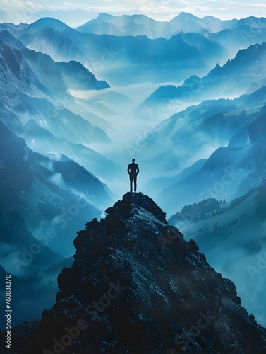 Man Standing atop a Mountain in Surreal Landscape