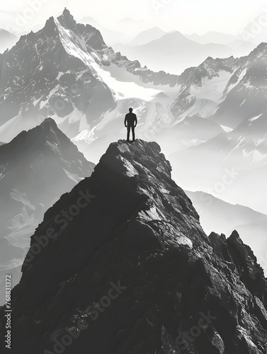 Man Standing on Mountain Top in Bold Black and White