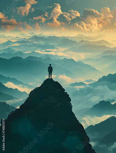 Man Standing on Mountain Peak during Evening photo