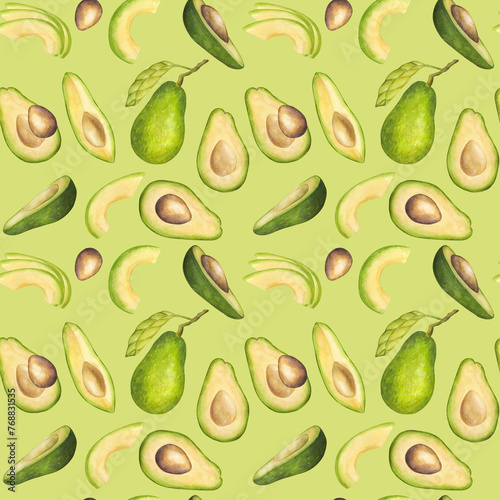 Avocado seamless pattern. Fruit half with seed core, sliced pieces, green leaves. Botanical vegetable clipart. Hand drawn watercolor illustration background. Template for postcard, print packaging