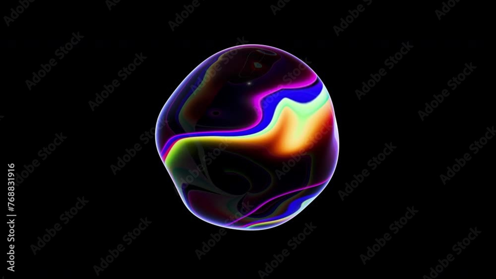 Distortion drop of liquid with holographic surface. 3D animation of an abstract neon rainbow wavy sphere. Seamless loop. Dynamic fashionable smooth moving abstract round shape. Distortion drop of liquid with holographic surface. 3D animation of an abstract neon rainbow wavy sphere. Seamless loop. Dynamic fashionable smooth moving abstract round shape.