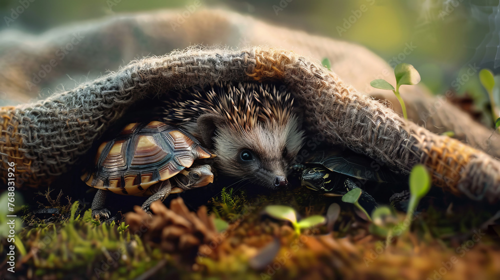 A hedgehog and turtle share a quiet moment under a warm blanket, symbolizing companionship and comfort in a woodland setting A hedgehog and turtle share a quiet moment under a warm blanket, symbolizing companionship and comfort in a woodland setting