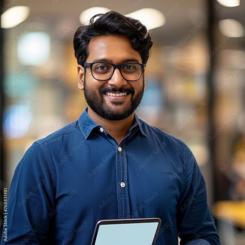Smiling Hindu businessman 30-40 years old, active business man against the background of his office Smiling Hindu businessman 30-40 years old, active business man against the background of his office