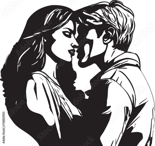 Vector of a couple embracing in a romantic pose, silhouetted against a white backdrop