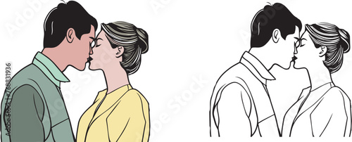 Vector illustration of a couple embracing and kissing in front of a white background