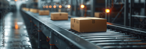 boxes on a conveyor belt in a warehouse, 