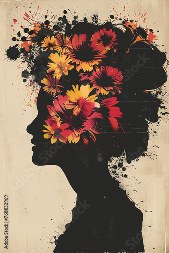 a graphic poster illustration of a unrecognizable profil of a woman, with magnificient flowers in her hair photo