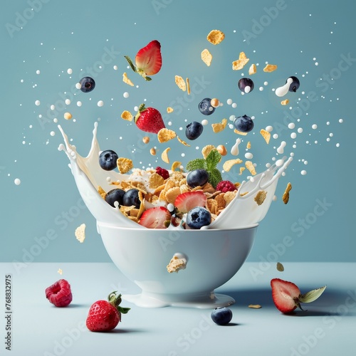 bowl of cereal with milk splashing and berries flying around, plain bright background. morning granola breakfast with blueberries, raspberries and strawberries