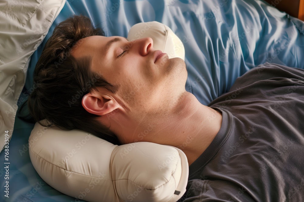man sleeping with a cervical pillow supporting his neck man sleeping with a cervical pillow supporting his neck