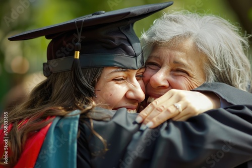 grandmother congratulate the student, who finish their studies at university, celebrating graduation