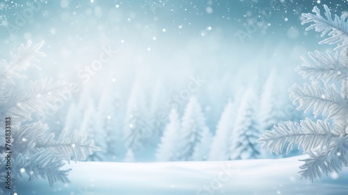 Beautiful winter background image of frosted spruce branches and small drifts of pure snow with bokeh Christmas lights and space for text.