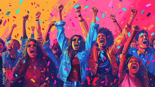 maximalist illustration of crowd of young people celebrating victory