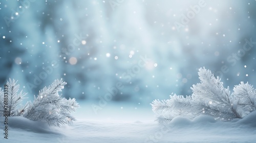 Beautiful winter background image of frosted spruce branches and small drifts of pure snow with bokeh Christmas lights and space for text. © MdRazib