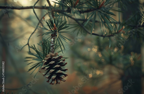 a pinecone is hanging on a branch of the forest, in the style of fujifilm pro 400h, uhd image, evocative photo
