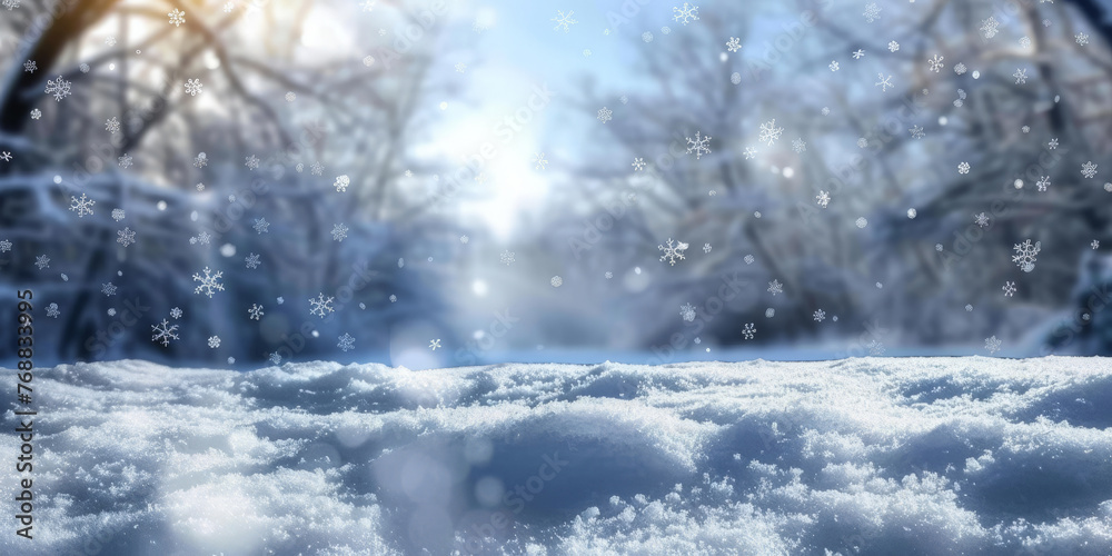 Snow  with snowflakes falling on the ground on trees and sunlight blurred background, Winter christmas snow background with snowdrifts, banner	