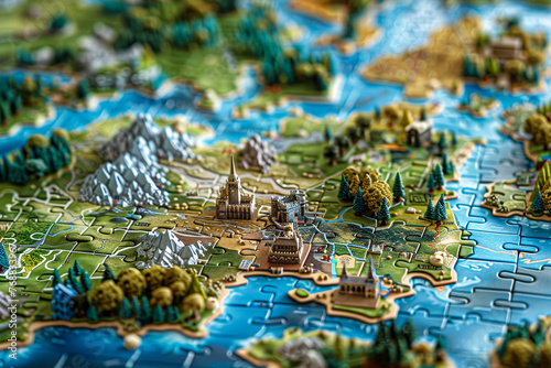 A detailed puzzle of a map with tiny buildings and natural landscapes in 3D.