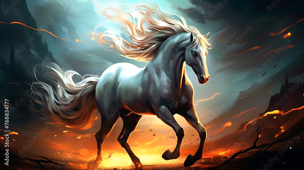 Fantasy Illustration of a wild Horse. Digital art style wallpaper background. - obrazy, fototapety, plakaty 
