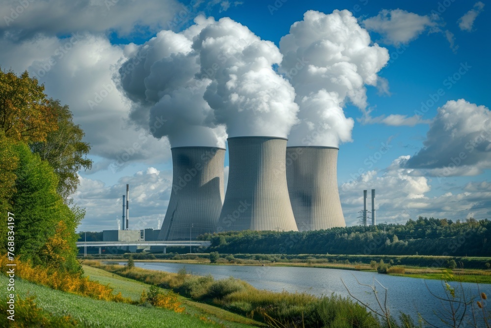 View from afar of a nuclear power plant, operating nuclear reactors against the backdrop of nature, peaceful atom View from afar of a nuclear power plant, operating nuclear reactors against the backdrop of nature, peaceful atom