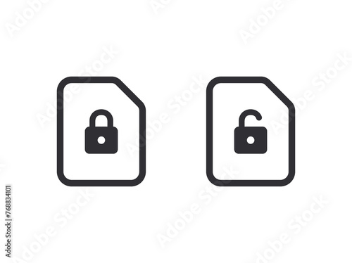 Document icons. Lock icon. Unlock file. Secret document. Padlock icon. Document protection. Information hiding. Data protection. File lock. Profile protection. Personal document. Closed profile. 