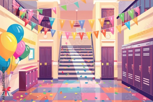 School hallway during holiday or graduation event decorated with party flags, balloons and drapery