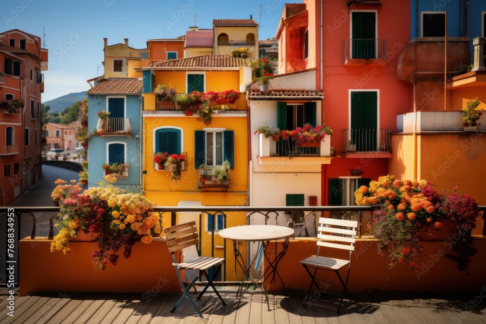 Fototapeta premium Balcony With Table Chairs and Flowers Generative AI