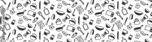 kitchen tools, cooking equipment utensil icon seamless pattern doodle background, wallpaper
