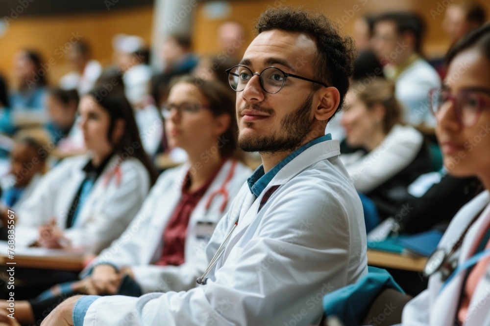 A medical student in a lecture hall A medical student in a lecture hall