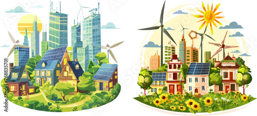 Urban landscape of future town use alternative energy sources solar panel and windmills