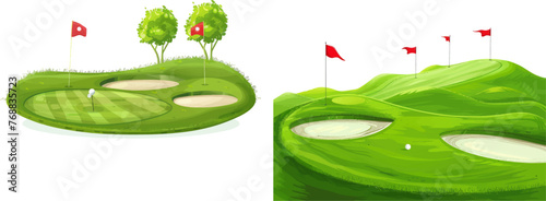 Green golf course with hole and red flags for invitation card, poster and banner, play tournament vector template